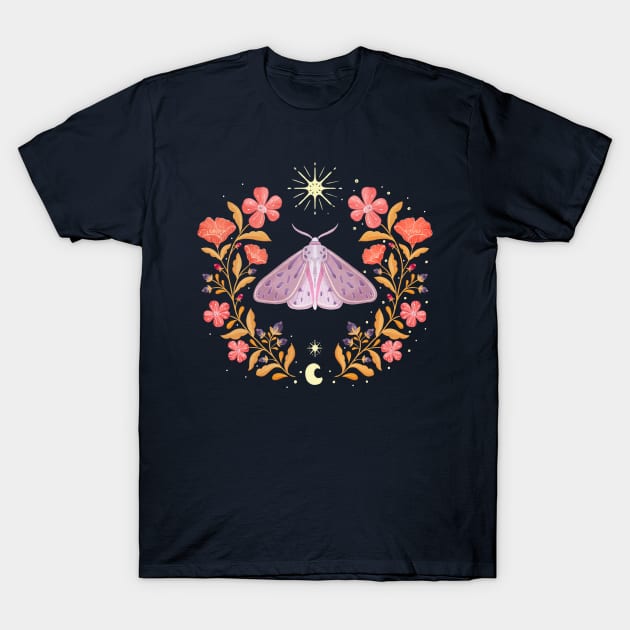 Magical moth with florals, stars and moon T-Shirt by CalliLetters